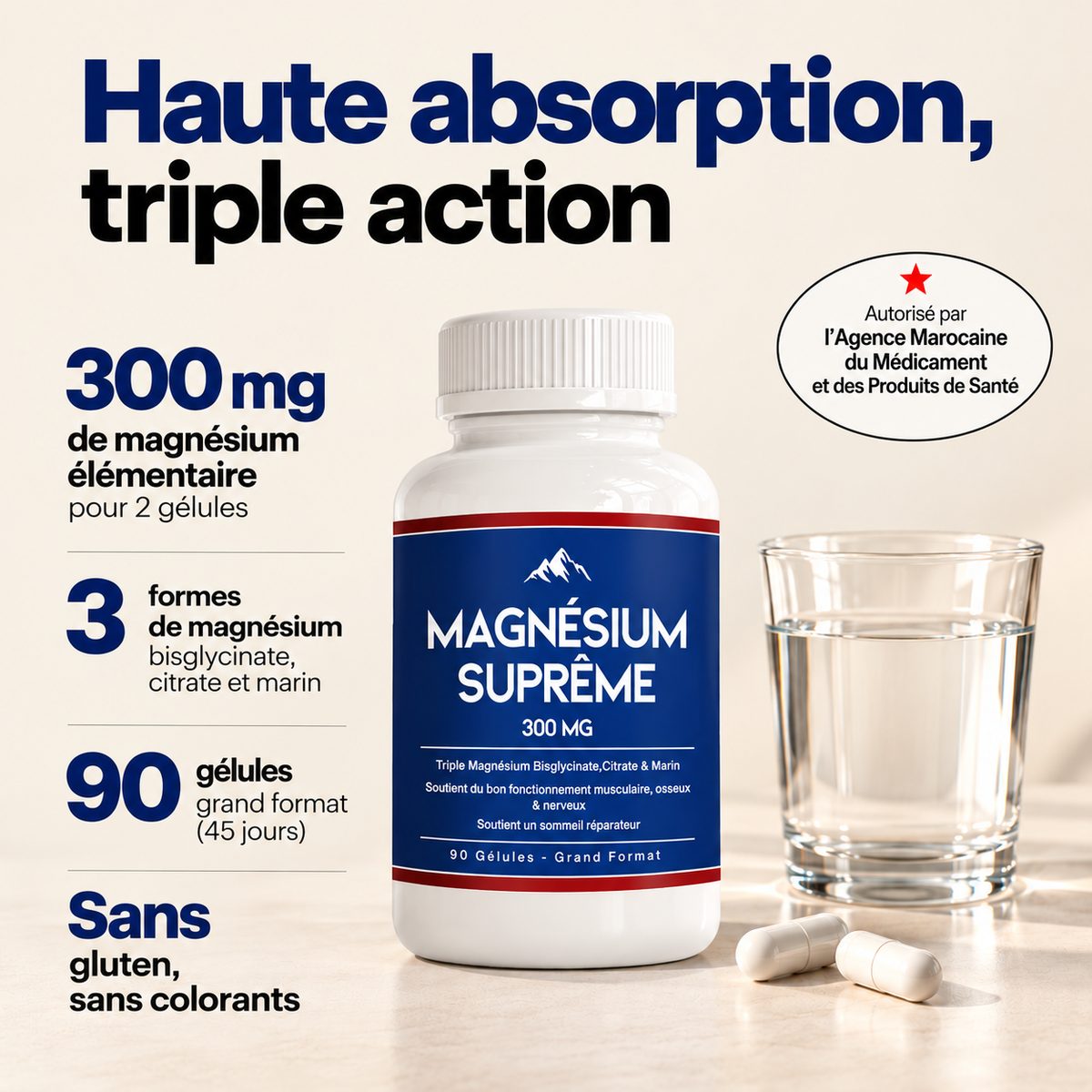 Magnésium Suprême 300 mg : 300 mg de magnésium élémentaire pour 2 gélules, 3 formes, 90 gélules, sans gluten, sans colorants