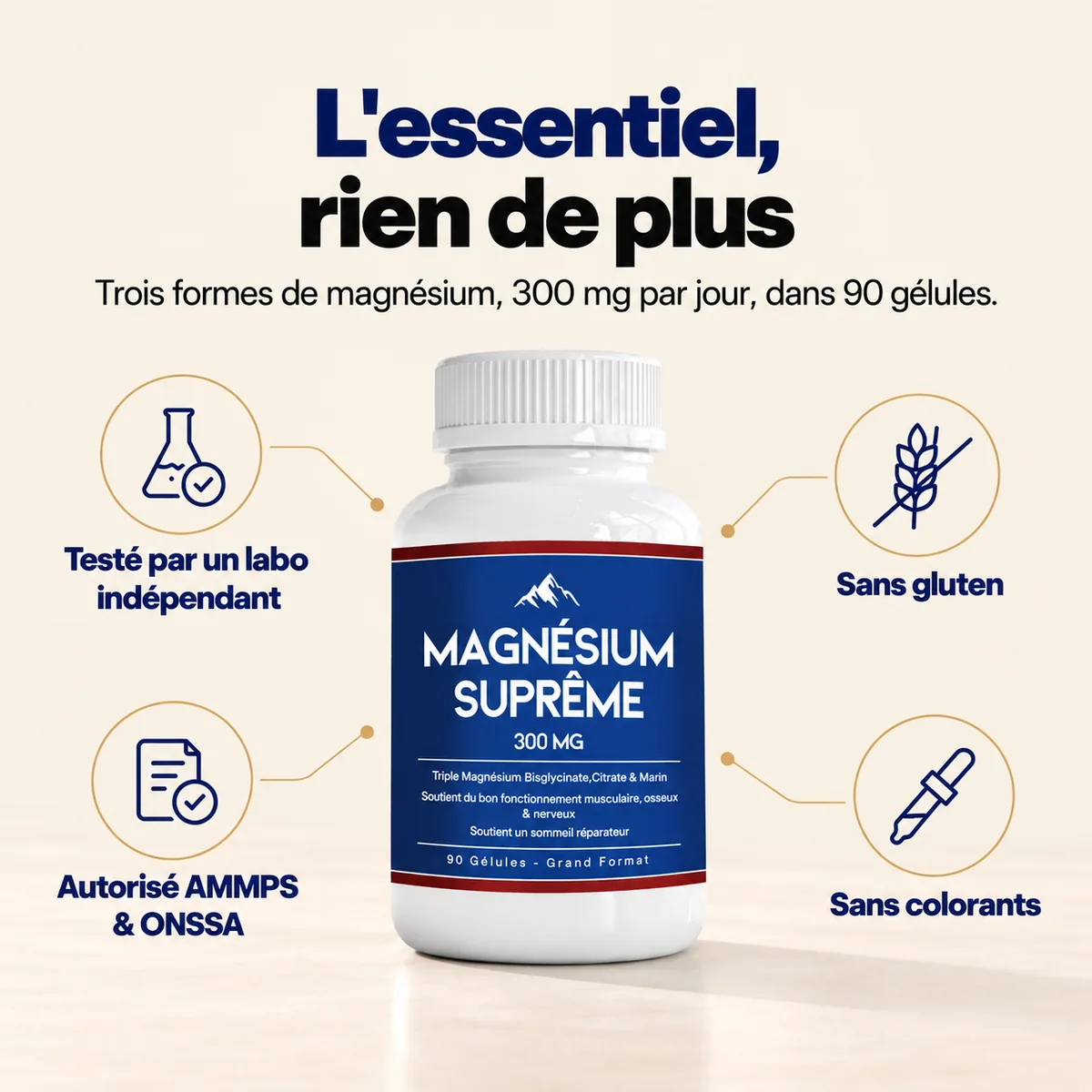 L’essentiel, rien de plus : testé par un labo indépendant, autorisé AMMPS et ONSSA, sans gluten, sans colorants