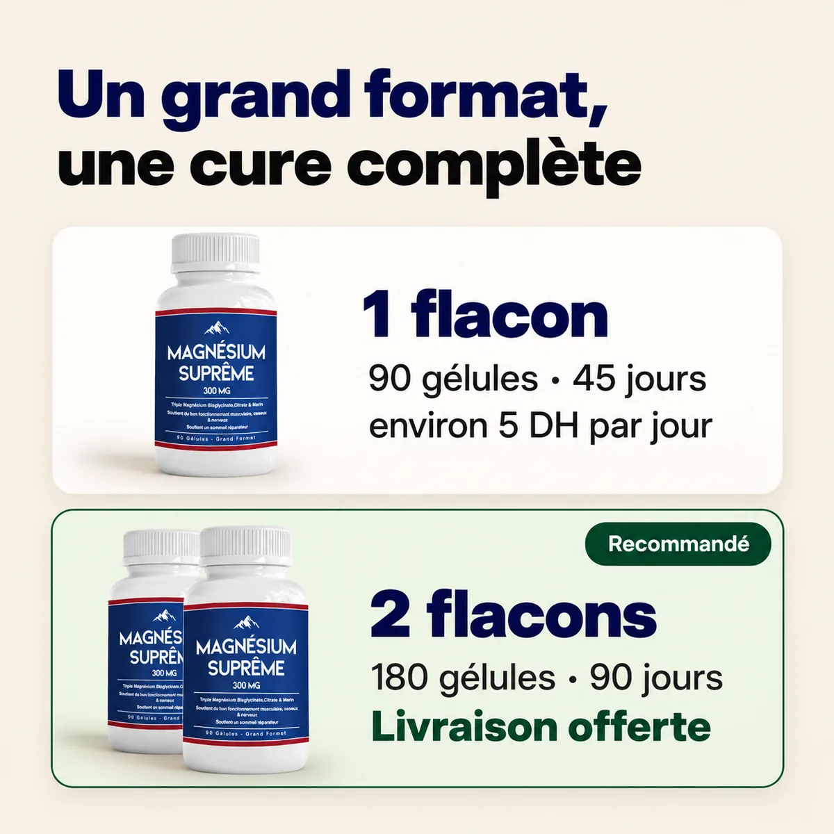 Un grand format : 1 flacon de 90 gélules pour 45 jours, ou 2 flacons pour 90 jours avec livraison offerte